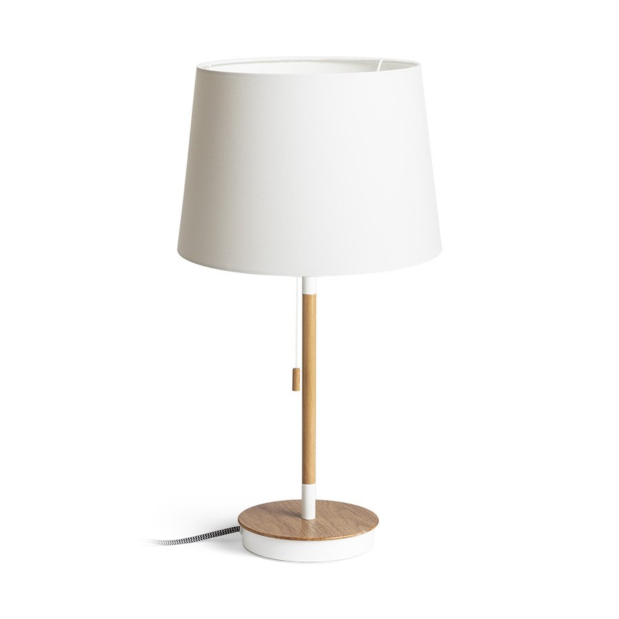 RENDL KEITH/AMBITUS 30 stolná s USB Polycotton biela/buk 230V LED E27 15W – obrázok 1