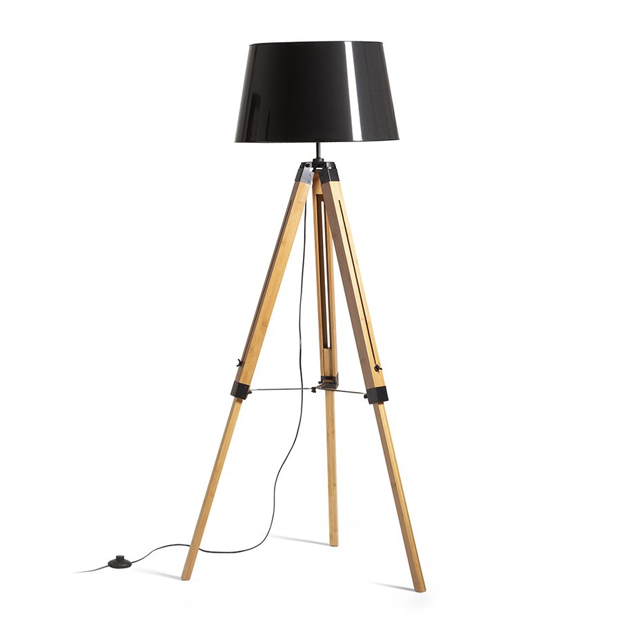 RENDL ALVIS/RIDICK stojanová lesklá čierna zlatá fólia/bambus/chróm 230V LED E27 15W – obrázok 1